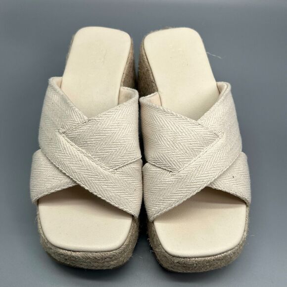 ASOS Design Wide Fit Teddy 2 Women's 8 Beige Wedge Slide Cross Slip-On Peep Toe - Picture 3 of 10